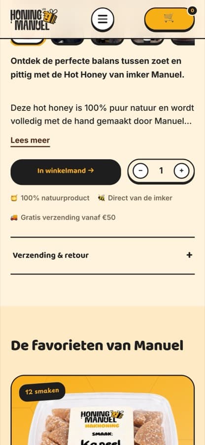 Honing van Manuel op een telefoon: home, producten en een productpagina
