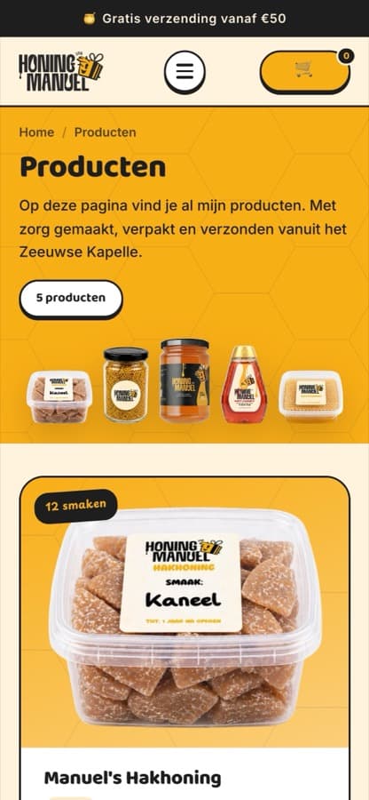 Honing van Manuel op een telefoon: home, producten en een productpagina