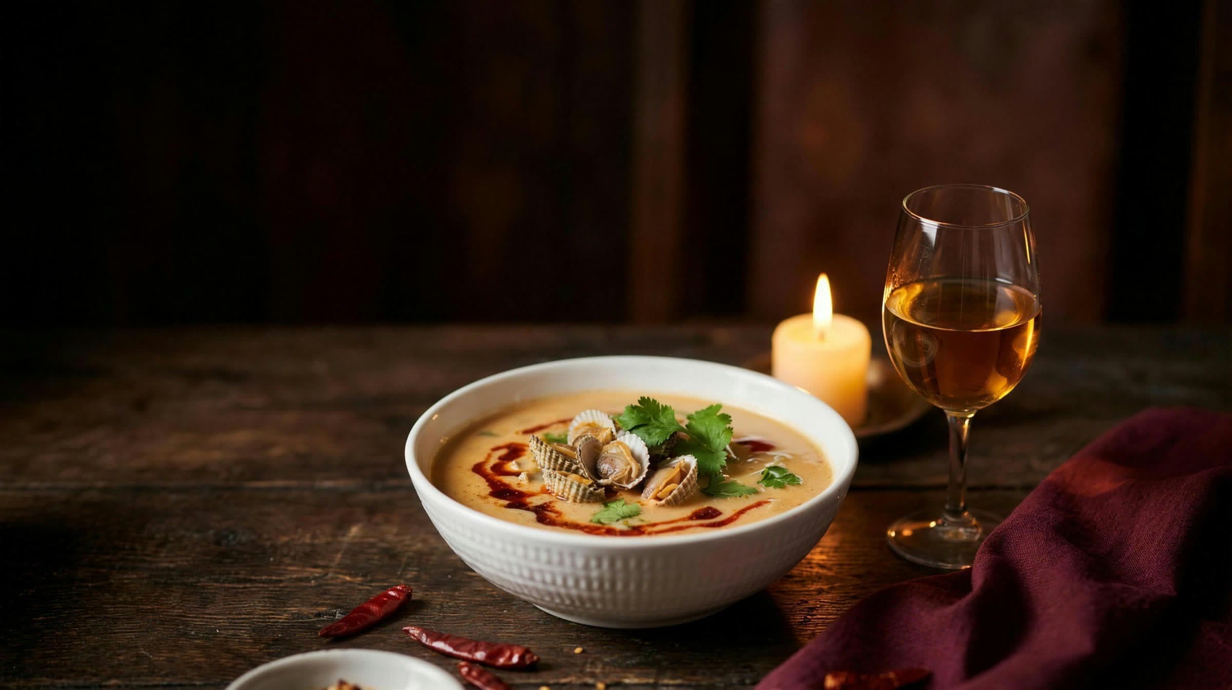 Romige tom yum met kokkels bij kaarslicht, uit de fotografie van Maarten Kookt