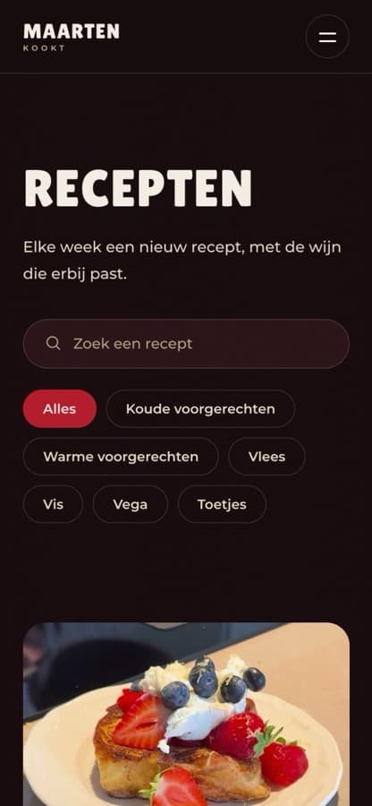 Maarten Kookt op een telefoon: home, recepten en de wijnclub