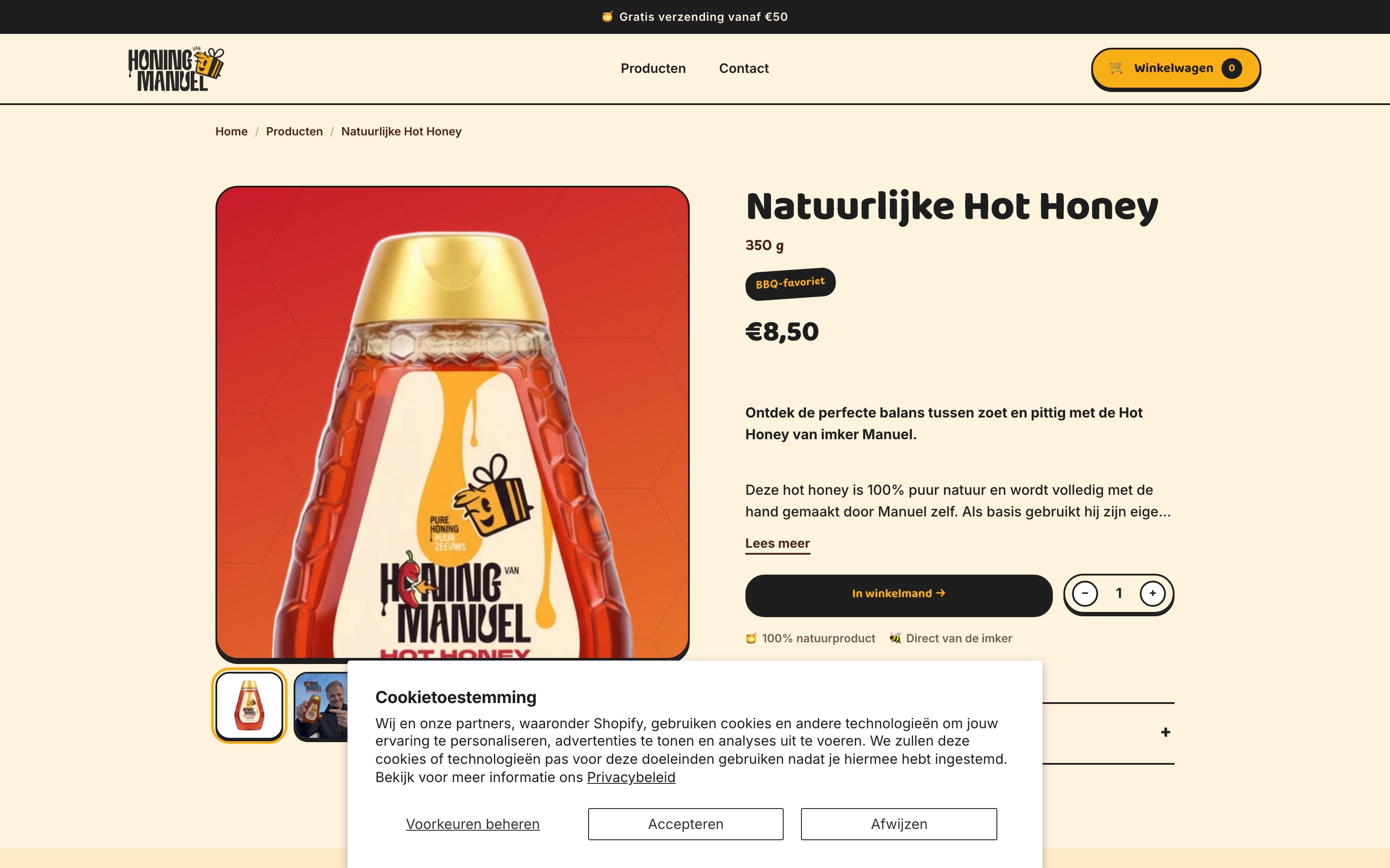 Productpagina van de hot honey van Honing van Manuel